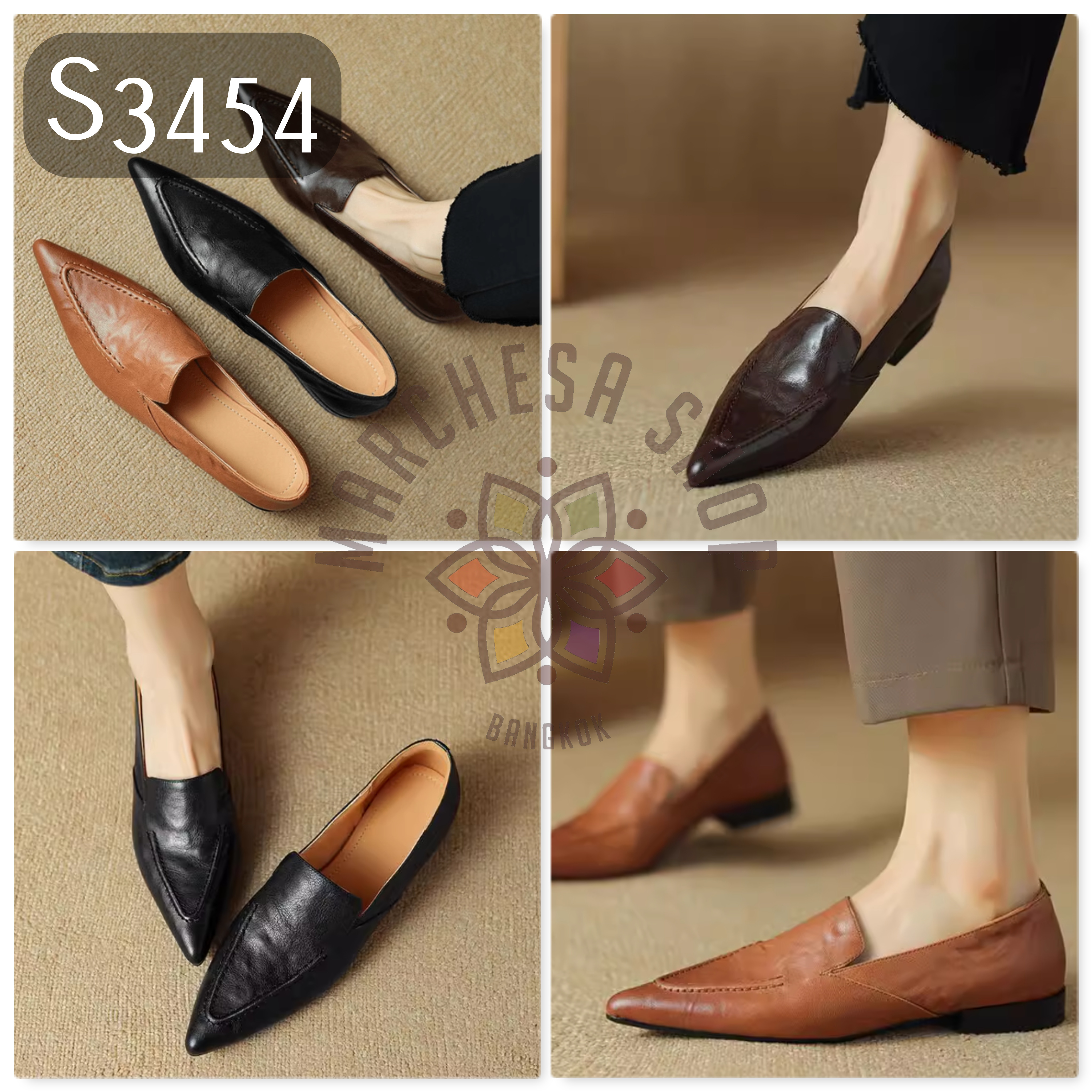 S3454 - 頭層小羊皮車綫尖頭平底鞋