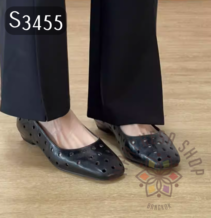 S3455 - 頭層小羊皮軟皮孔方頭洞低踭鞋