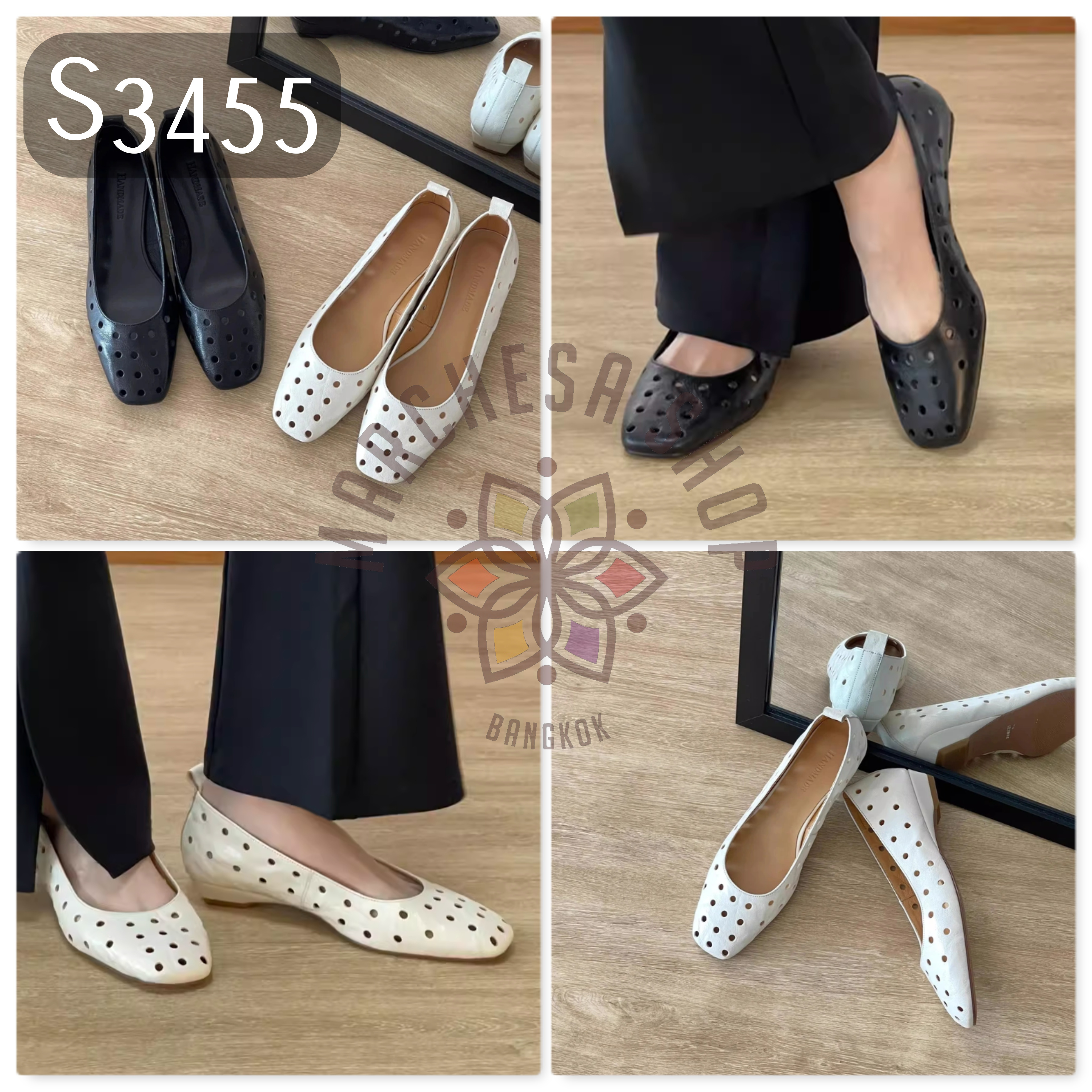 S3455 - 頭層小羊皮軟皮孔方頭洞低踭鞋