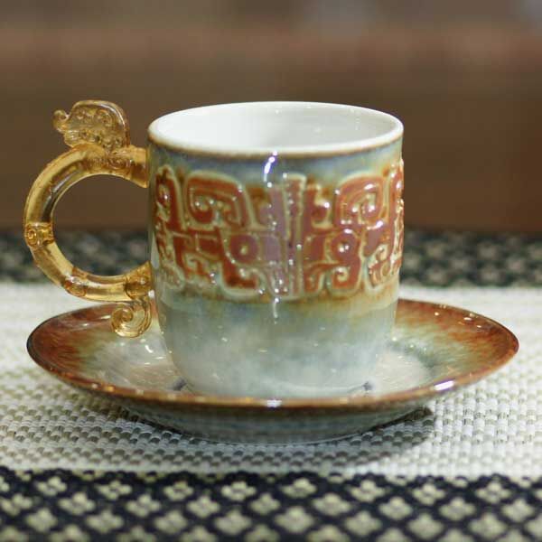 【鹿港窯】陶瓷琉璃耳-小對杯(雙)【茶末龍紋】