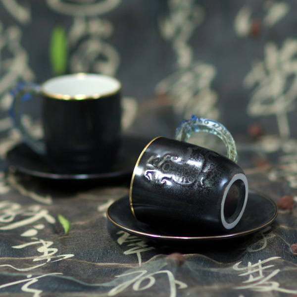 陶瓷琉璃耳小對杯｜金邊天目鳳紋