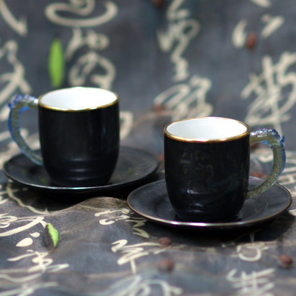 【鹿港窯】陶瓷琉璃耳-小對杯【金邊天目鳳紋】