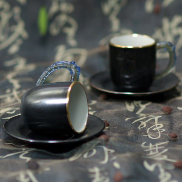 【鹿港窯】陶瓷琉璃耳-小對杯【金邊天目鳳紋】