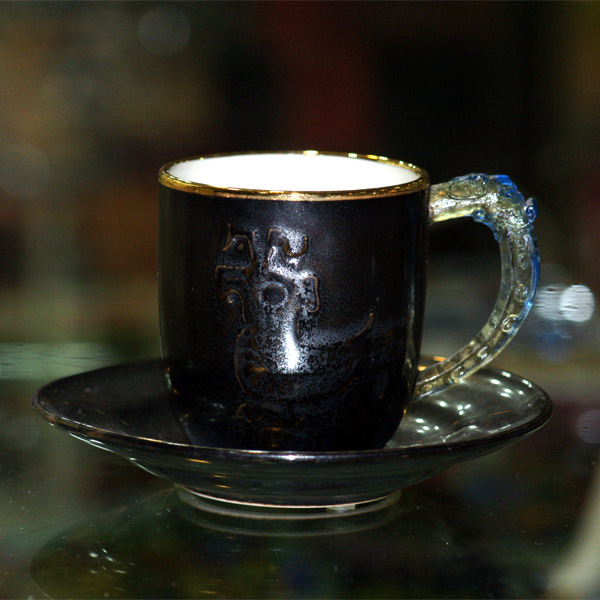 【鹿港窯】陶瓷琉璃耳-小對杯【金邊天目鳳紋】