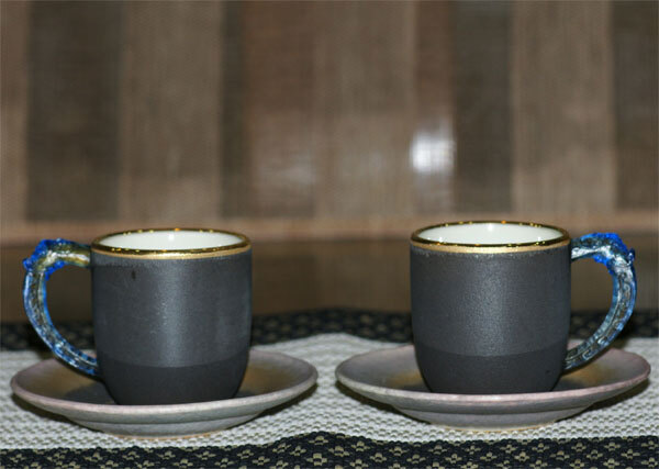 【鹿港窯】陶瓷琉璃耳-小對杯【金邊紫砂】