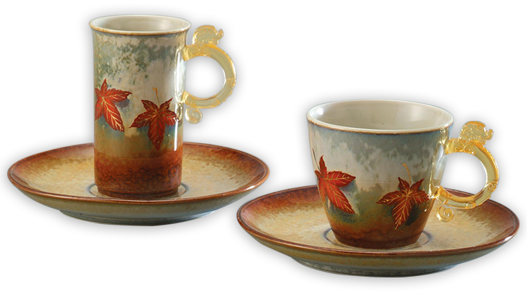 時尚琉璃~【鹿港窯】陶瓷琉璃耳-對杯【楓葉】物品清單︰二杯二盤