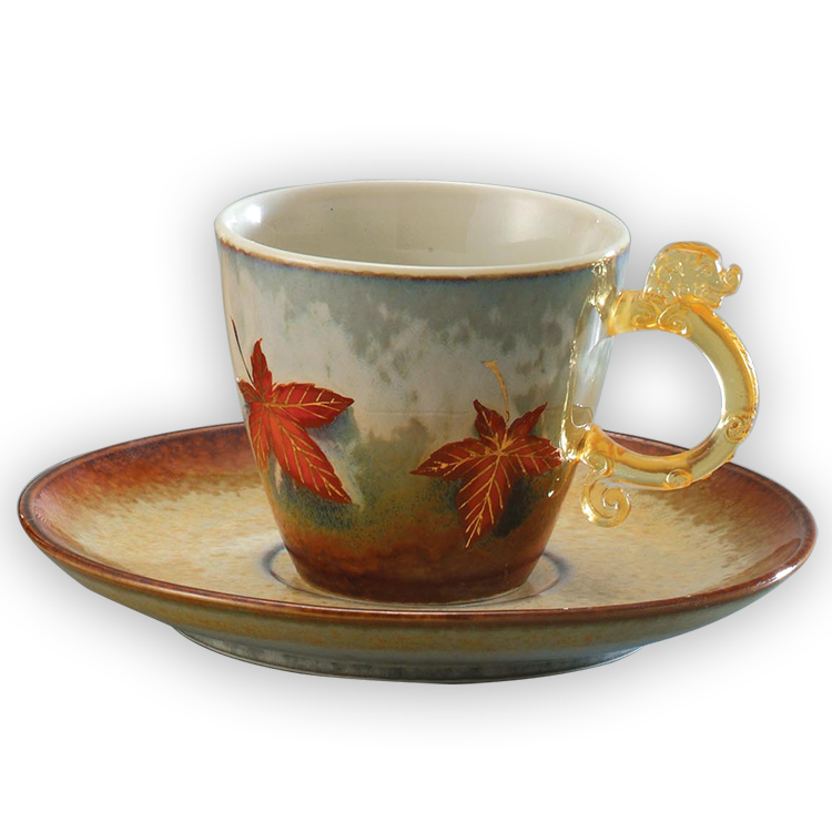 時尚琉璃~【鹿港窯】陶瓷琉璃耳-對杯【楓葉】物品清單︰二杯二盤