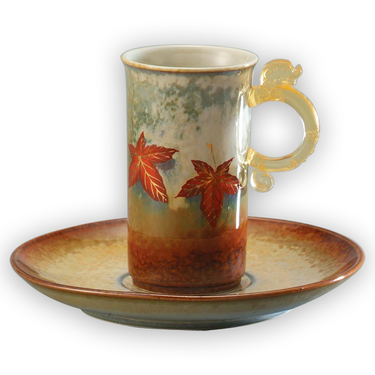 時尚琉璃~【鹿港窯】陶瓷琉璃耳-對杯【楓葉】物品清單︰二杯二盤