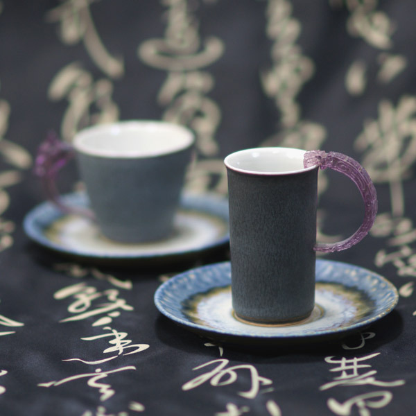 陶瓷琉璃耳對杯｜金邊紫砂