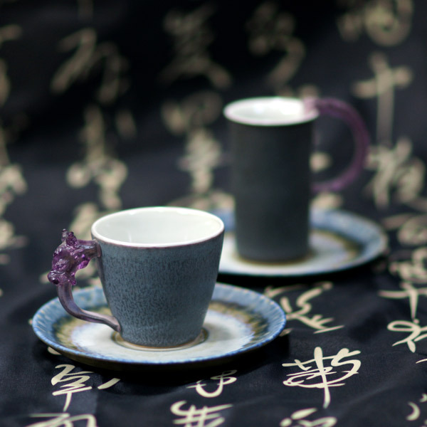 陶瓷琉璃耳對杯｜金邊紫砂