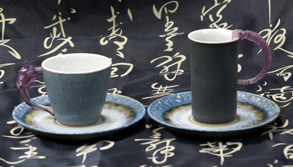 【鹿港窯】陶瓷琉璃耳-對杯【金邊紫砂】