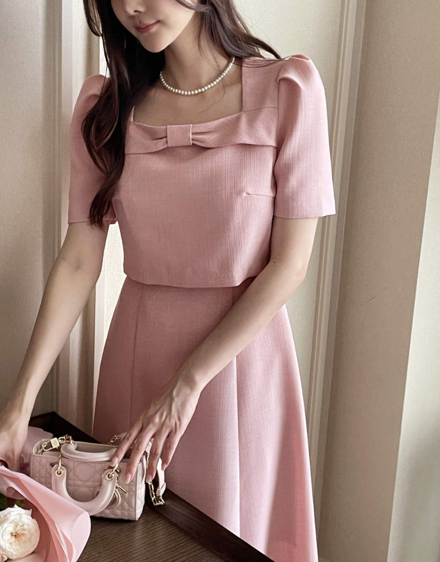 [現貨] Bethany 蝴蝶結方領洋裝-短袖長版 [ Pink / S,M ]