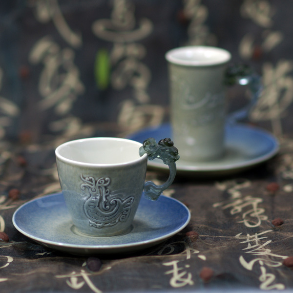 陶瓷琉璃耳對杯｜青瓷藍點