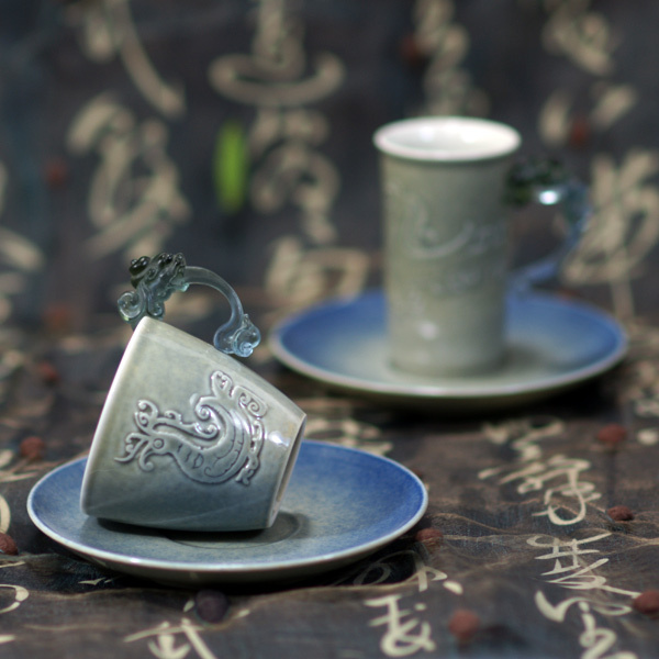 陶瓷琉璃耳對杯｜青瓷藍點