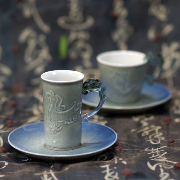 【鹿港窯】陶瓷琉璃耳-對杯【青瓷藍點】