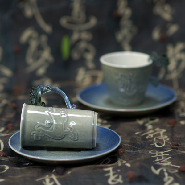 【鹿港窯】陶瓷琉璃耳-對杯【青瓷藍點】