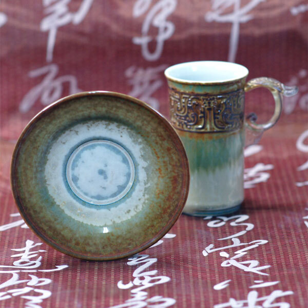 陶瓷琉璃耳對杯｜茶末龍鳳合歡