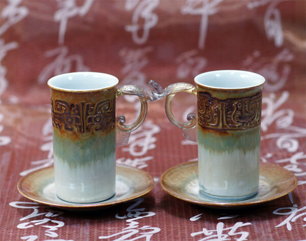 【鹿港窯】陶瓷琉璃耳-對杯【茶末龍鳳合歡】