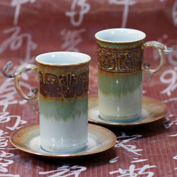 【鹿港窯】陶瓷琉璃耳-對杯【茶末龍鳳合歡】