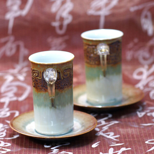 【鹿港窯】陶瓷琉璃耳-對杯【茶末龍鳳合歡】