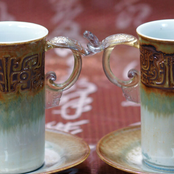 【鹿港窯】陶瓷琉璃耳-對杯【茶末龍鳳合歡】