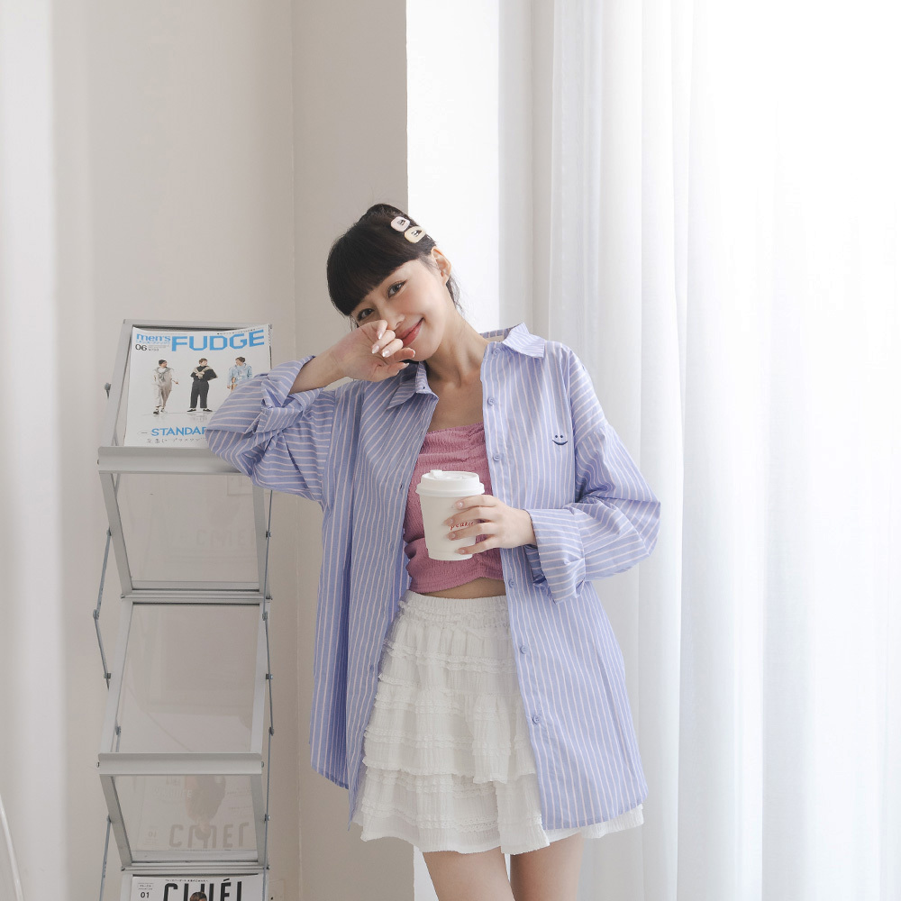 Smile embroidered striped wide shirt【01025598】in stock+pre-order