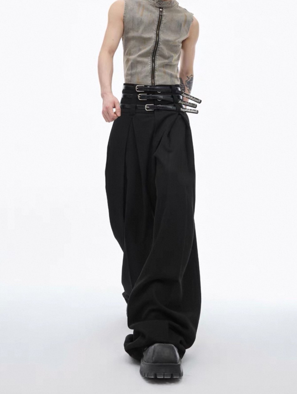 ARGUE 垂感 壓褶 多皮帶 設計感 寬鬆高腰 #西裝褲