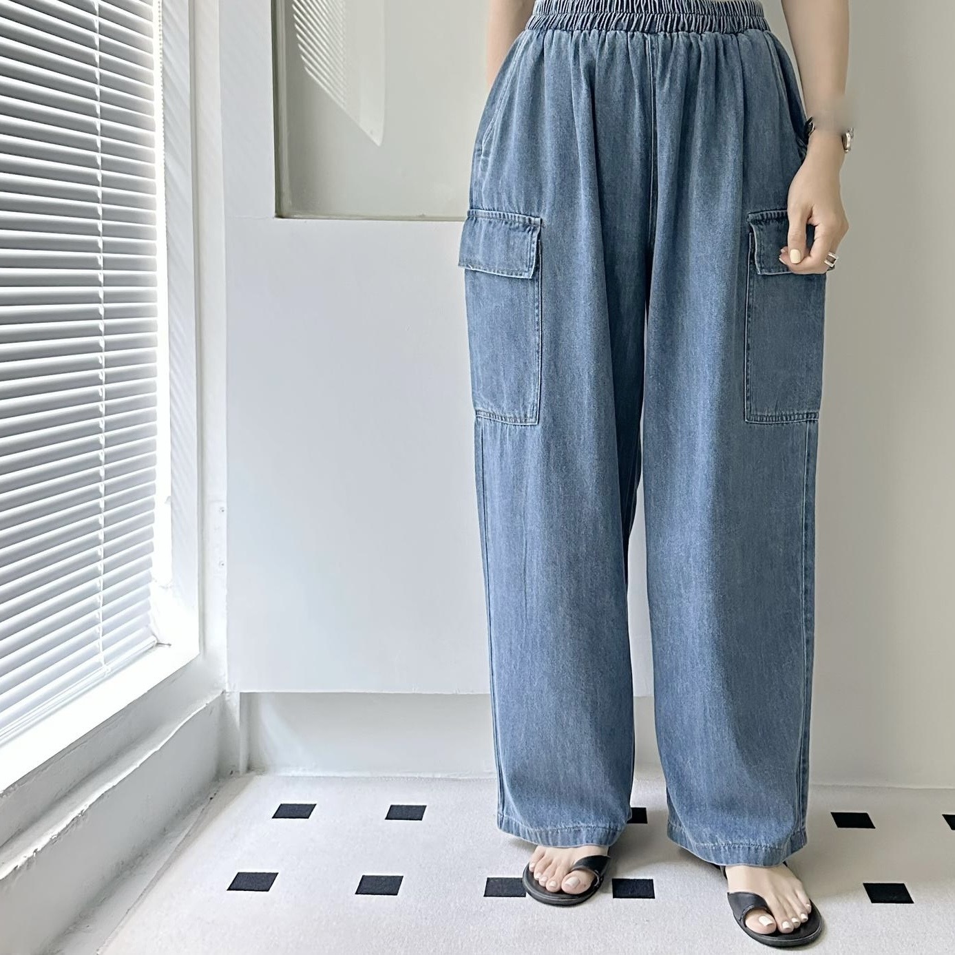 【BONNIE】全橡筋腰則袋牛仔褲