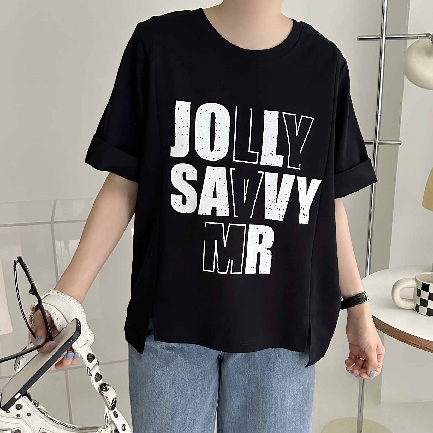 【BONNIE】英文字反袖TOP