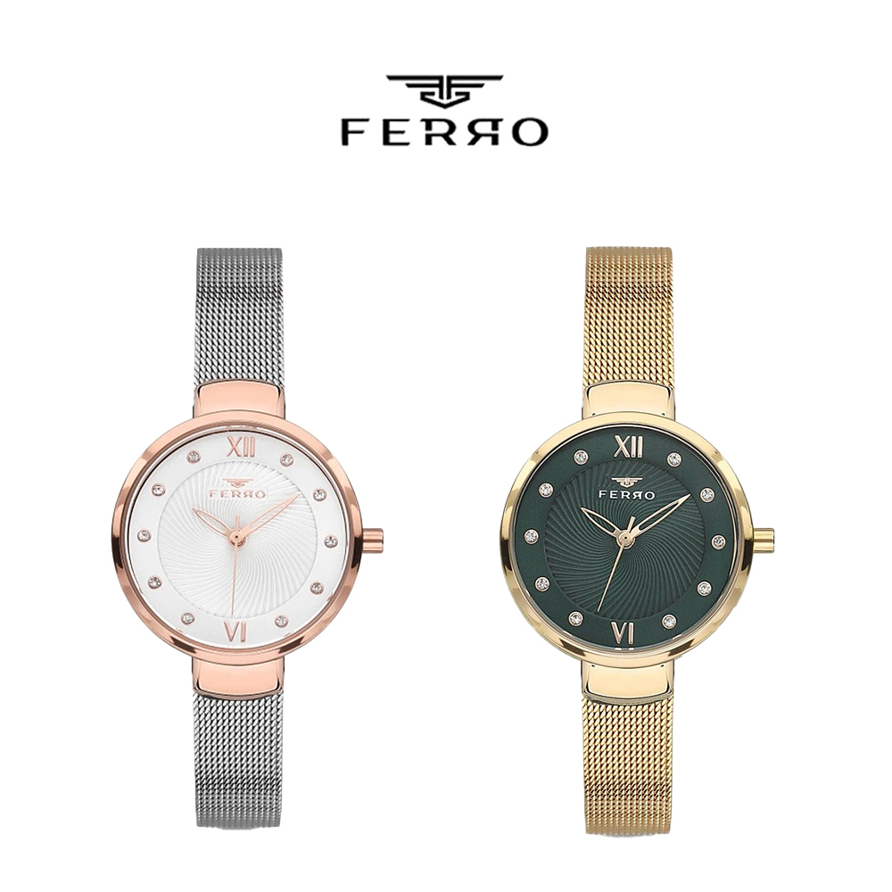 【FERRO 費羅】F1618CWT 晶鑽時標 米蘭錶帶 小錶鏡 女款 手錶