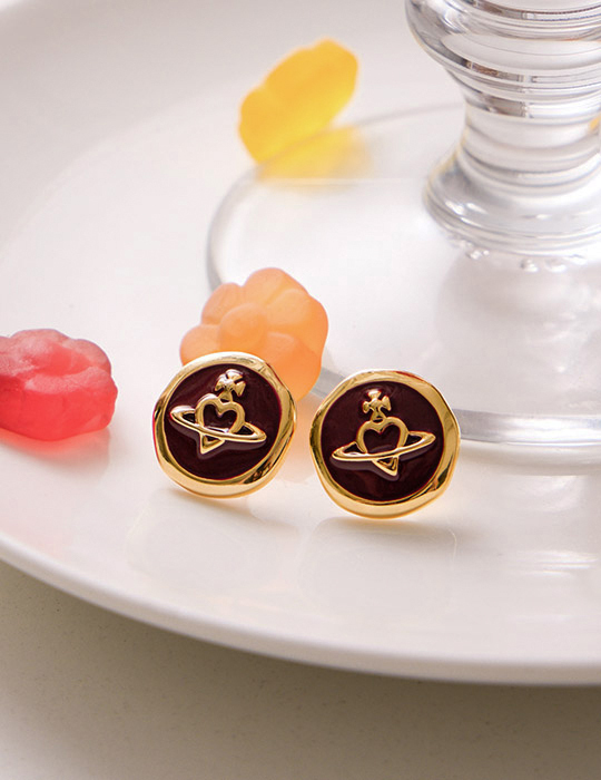 氣質金屬滴釉星球。夾式耳環(酒红)