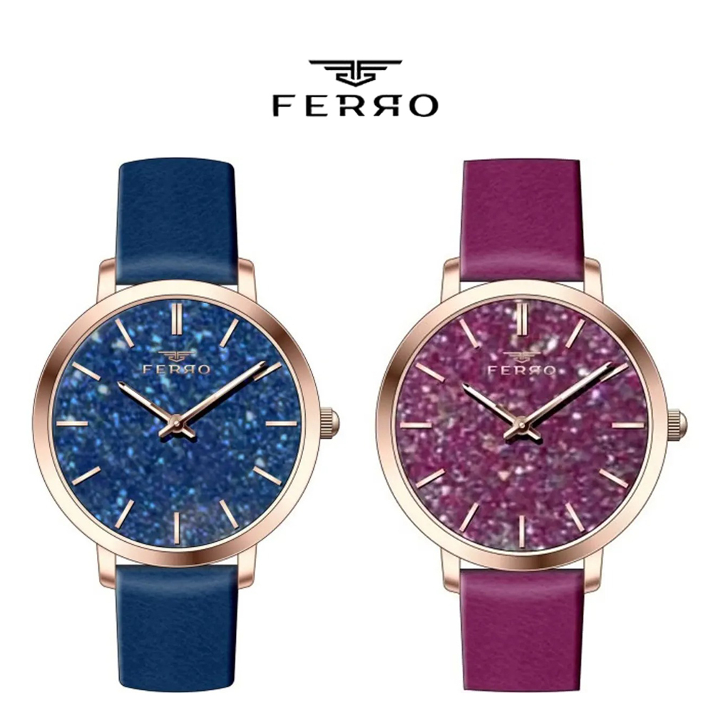 【FERRO 費羅】F21195BWT 滿天星錶盤 快拆式皮革錶帶 贈米蘭帶 夜光 女款 腕錶