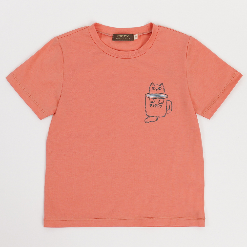 PIPPY簡約舒適小呆貓抱杯圓領上衣 橘紅