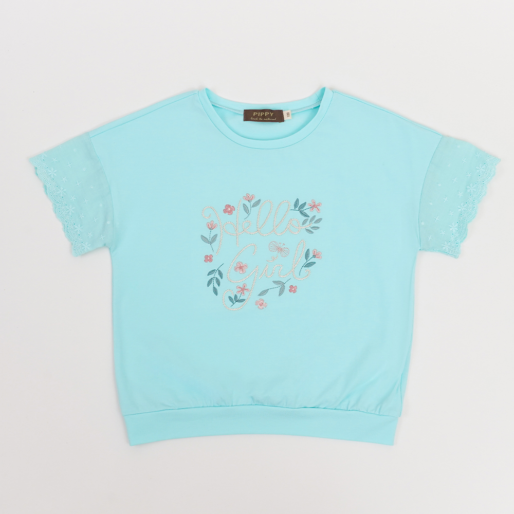 PIPPY精緻花卉LOGO刺繡花圓領上衣 藍綠