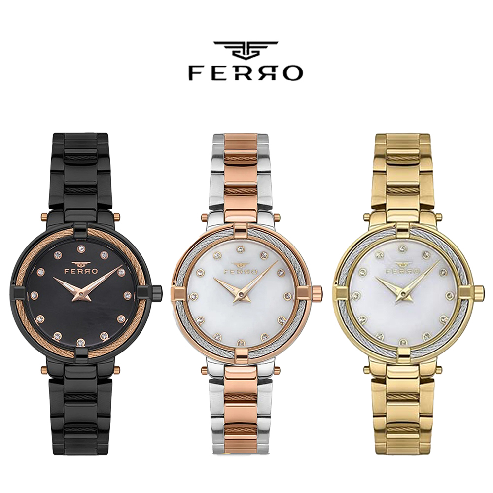 【FERRO 費羅】F40-097 晶鑽時標 鋼索錶圈 夜光 不鏽鋼 女款 手錶