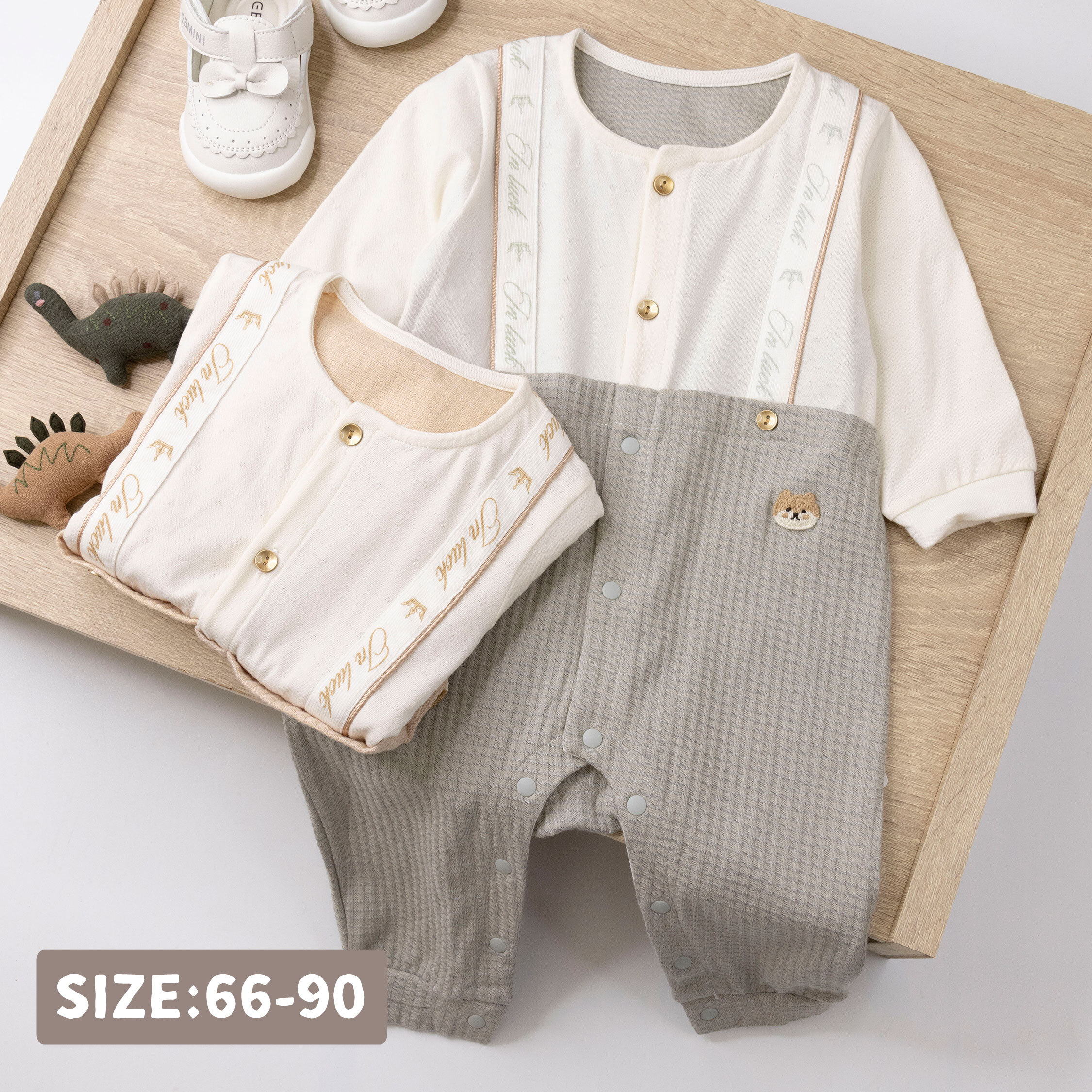 純淨系列【T0036】小柴犬華夫格拼接長袖連身衣＊二色