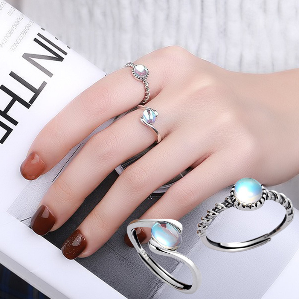 女戒指 銀戒 純銀戒指 月光石戒指 藍寶石戒指 麻花戒指 韓國戒指 氣質戒指 復古戒指 開口戒指 女生禮物 送禮 068