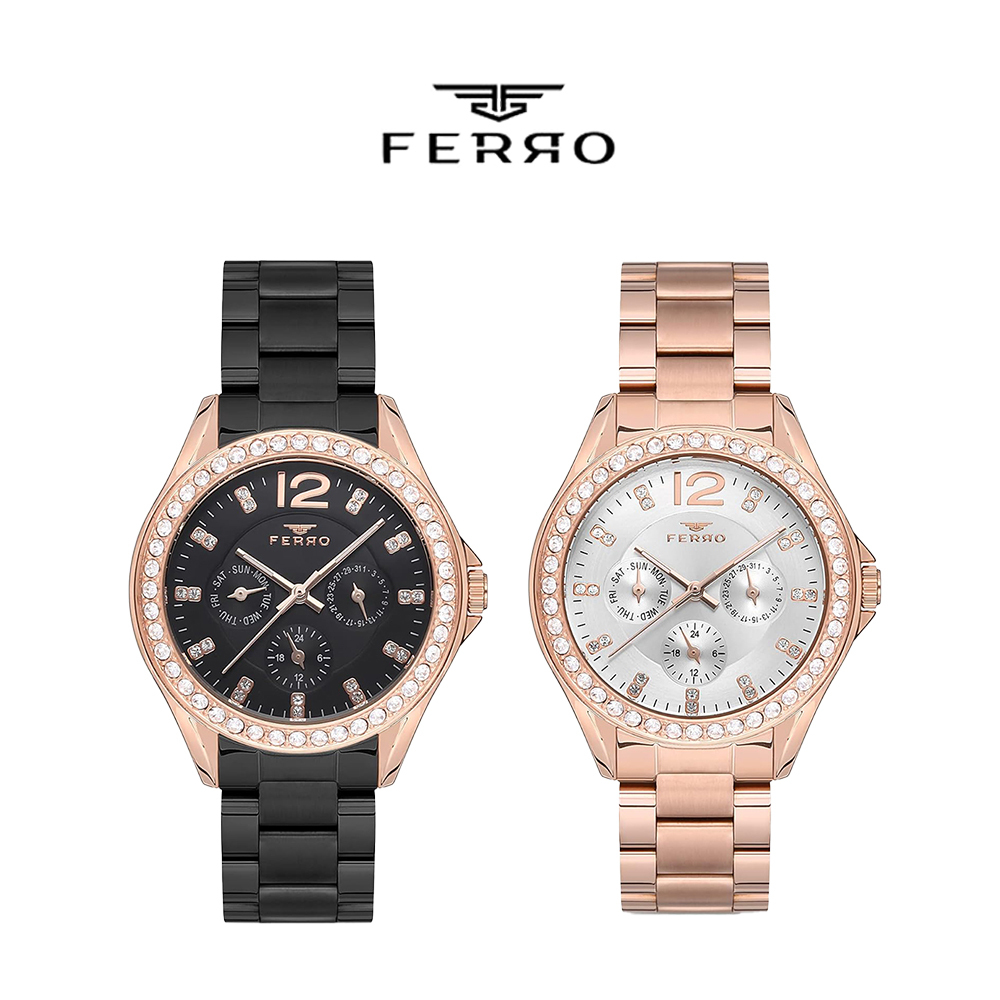 【FERRO 費羅】FM21140AWT 晶鑽錶盤錶圈 真三眼 防水30米 夜光 不鏽鋼 女款 手錶