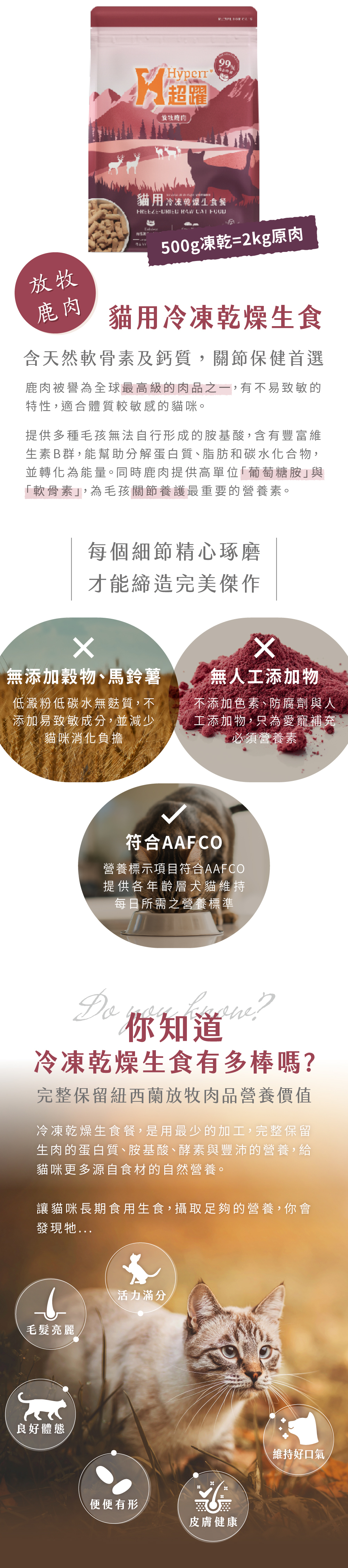 冷凍乾燥生食無添加穀物、馬鈴薯、無色素防腐劑等人工添加物,符合AAFCO之營養標準。已最少的加工,保留生肉蛋白質、胺基酸 等營養。