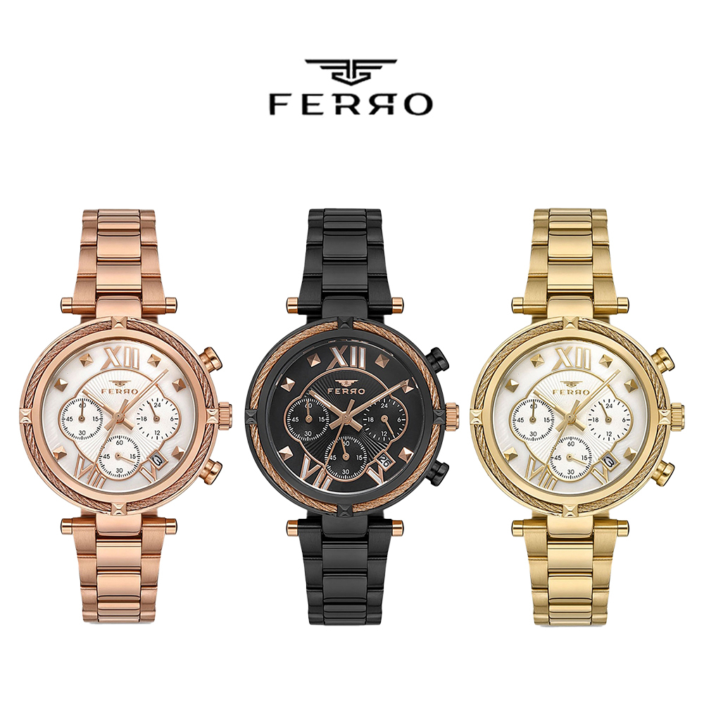 【FERRO 費羅】FM4993AWT 真三眼 日期視窗 珍珠母貝錶盤 鋼索錶圈 夜光 不鏽鋼 女錶