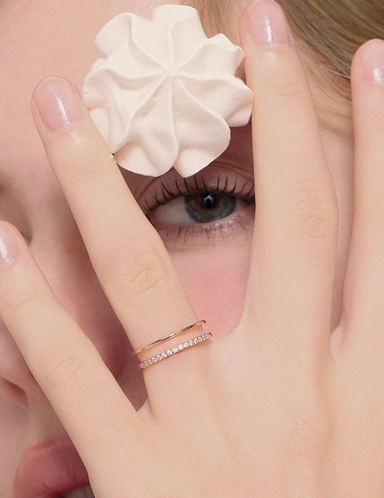 【925純銀】簡約設計雙層排鑽可調式戒指(玫瑰金)