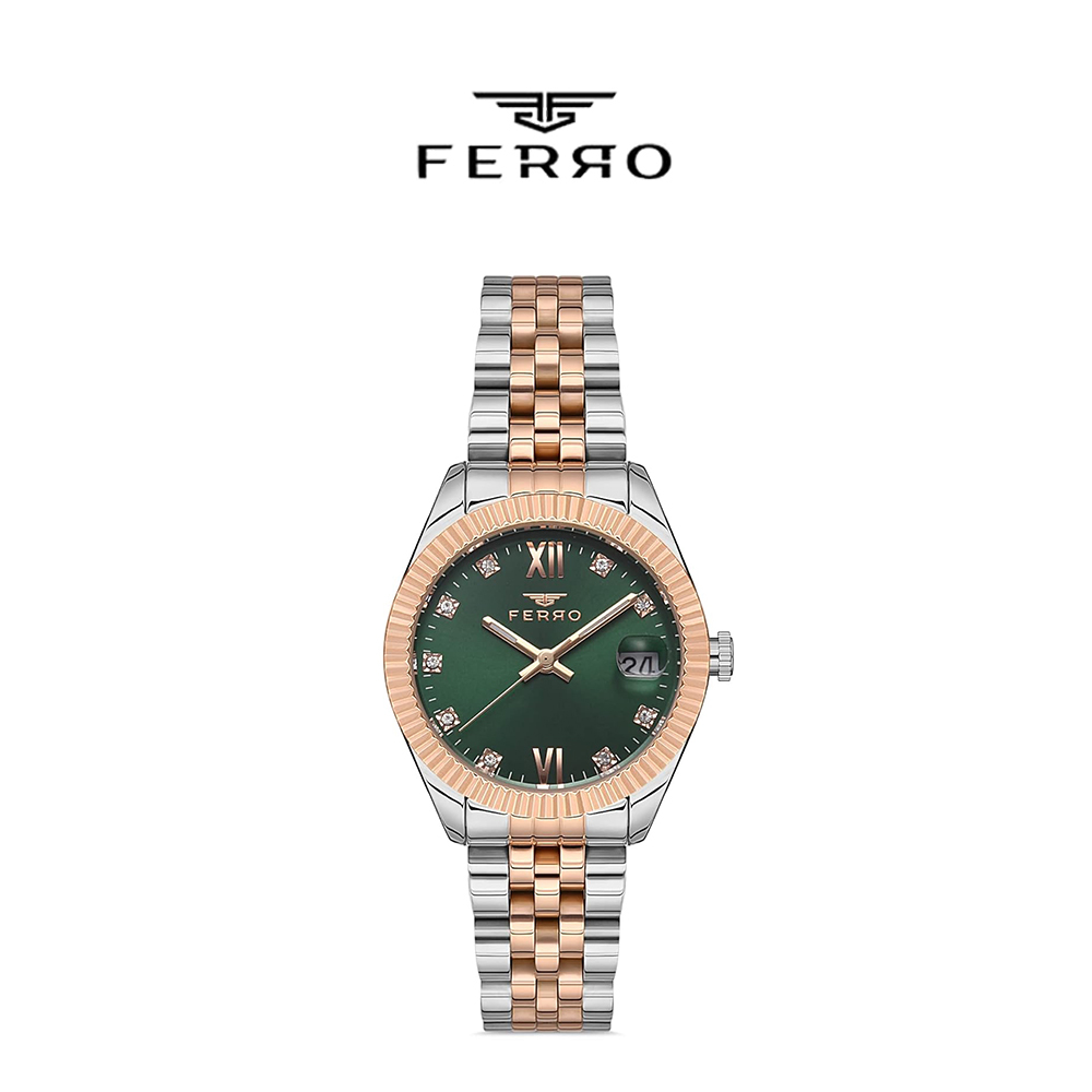【FERRO 費羅】F21924AWT 晶鑽錶盤 夜光指針 日期視窗 雙色 不鏽鋼 女款 手錶