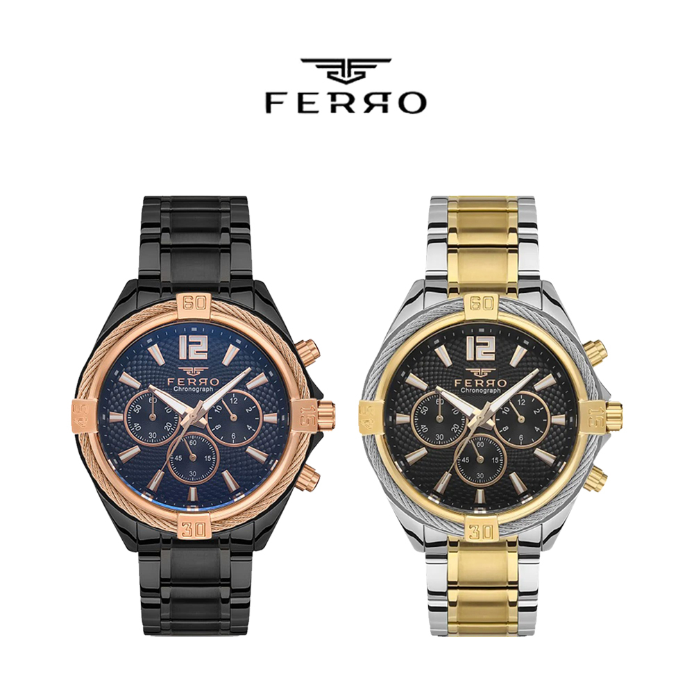 【FERRO 費羅】FM11248AWT 真三眼 夜光 鋼索錶圈 不鏽鋼 男款 手錶