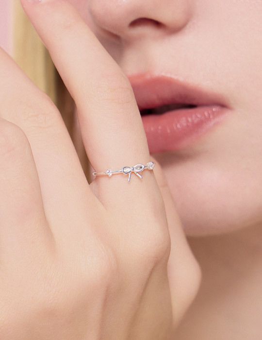 【925純銀】緞帶雙鑽點綴可調式戒指