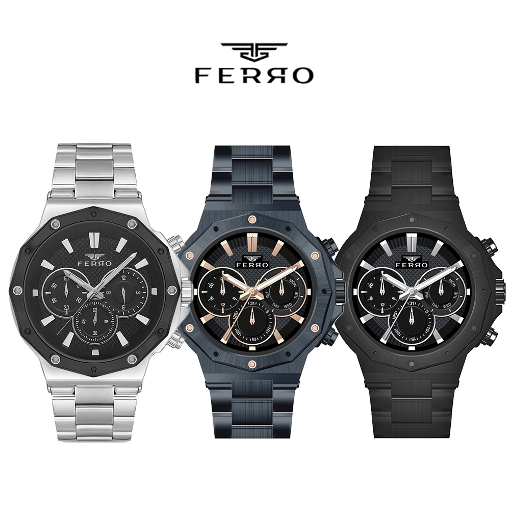【FERRO 費羅】 FM11365AWT 商務 質感 夜光指針 不鏽鋼 真三眼 男士 腕錶