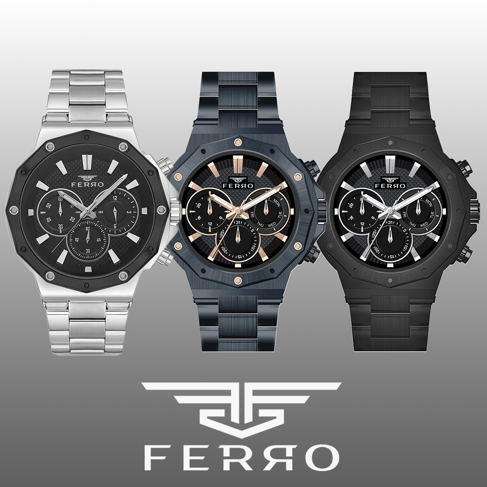 【FERRO 費羅】 FM11365AWT 商務 質感 夜光指針 不鏽鋼 真三眼 男士 腕錶