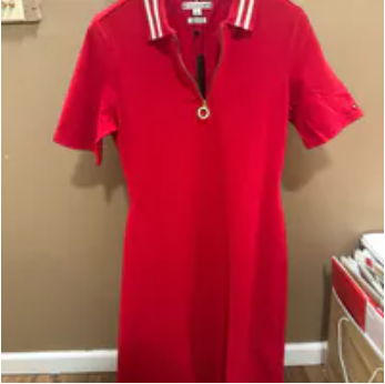 [S] TOMMY HILFIGER RED WOMEN'S HALF ZIP SHORT SLEEVE PIQUE DRESS, 76J4746-602 (STH1096)