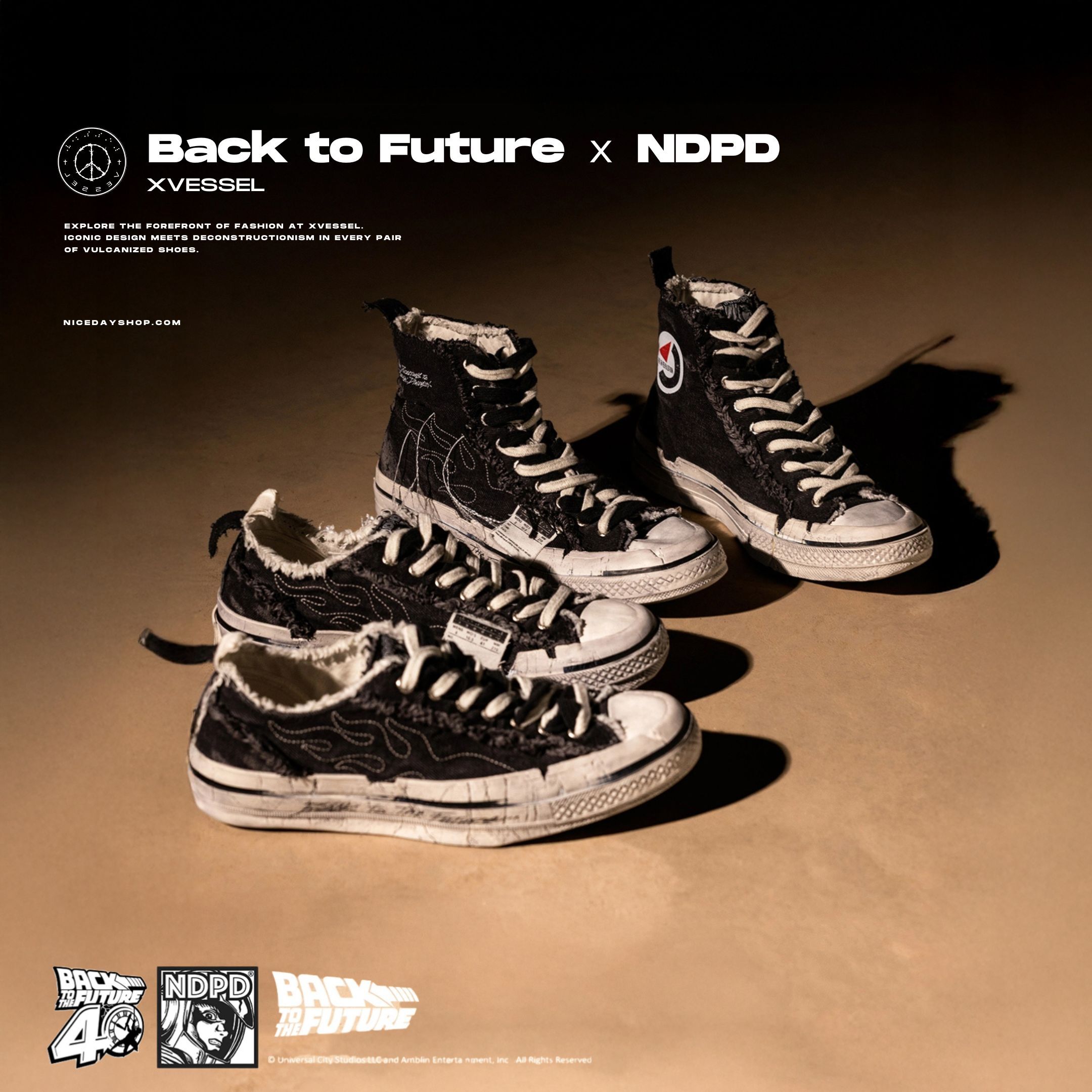 NICEDAY 代購 xVESSEL 回到未来 Back to the Future NDPD 三方聯名 硫化鞋 黑白 做舊 高筒 低筒 S25X76B