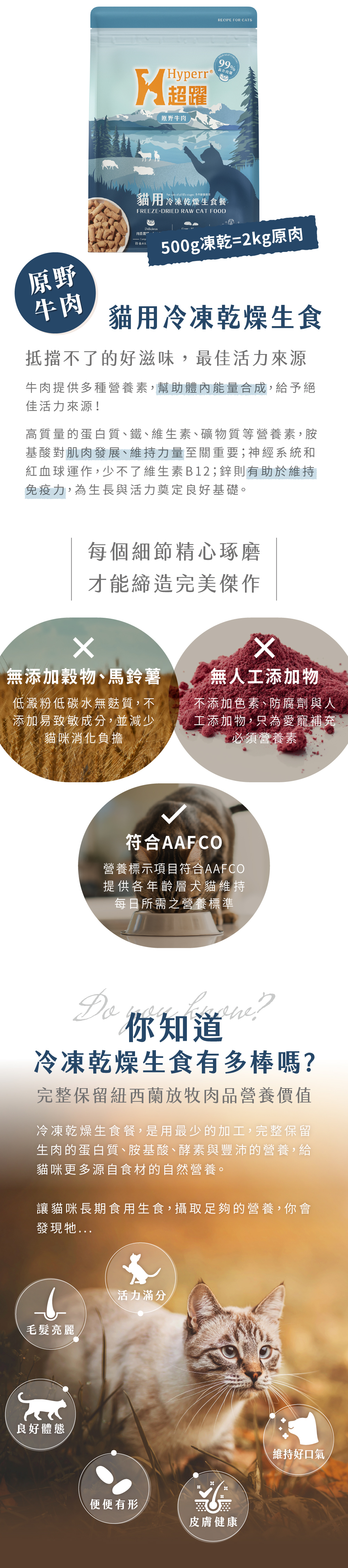 冷凍乾燥生食無添加穀物、馬鈴薯、無色素防腐劑等人工添加物,符合AAFCO之營養標準。已最少的加工,保留生肉蛋白質、胺基酸 等營養。