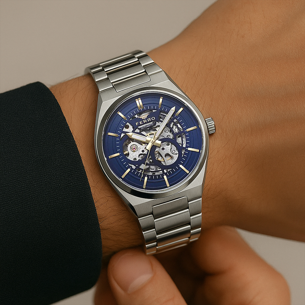 【FERRO 費羅】FM31394AWT 鏤空錶盤 防水30米 夜光 自動上鍊 不鏽鋼 男款 機械 手錶